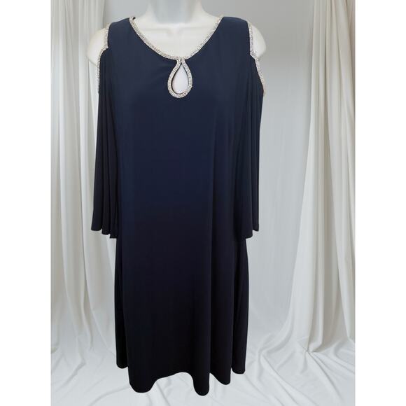 MSK Dresses & Skirts - MSK Navy Rhinestone Cold Shoulder Cape Dress Keyhole L Formal
